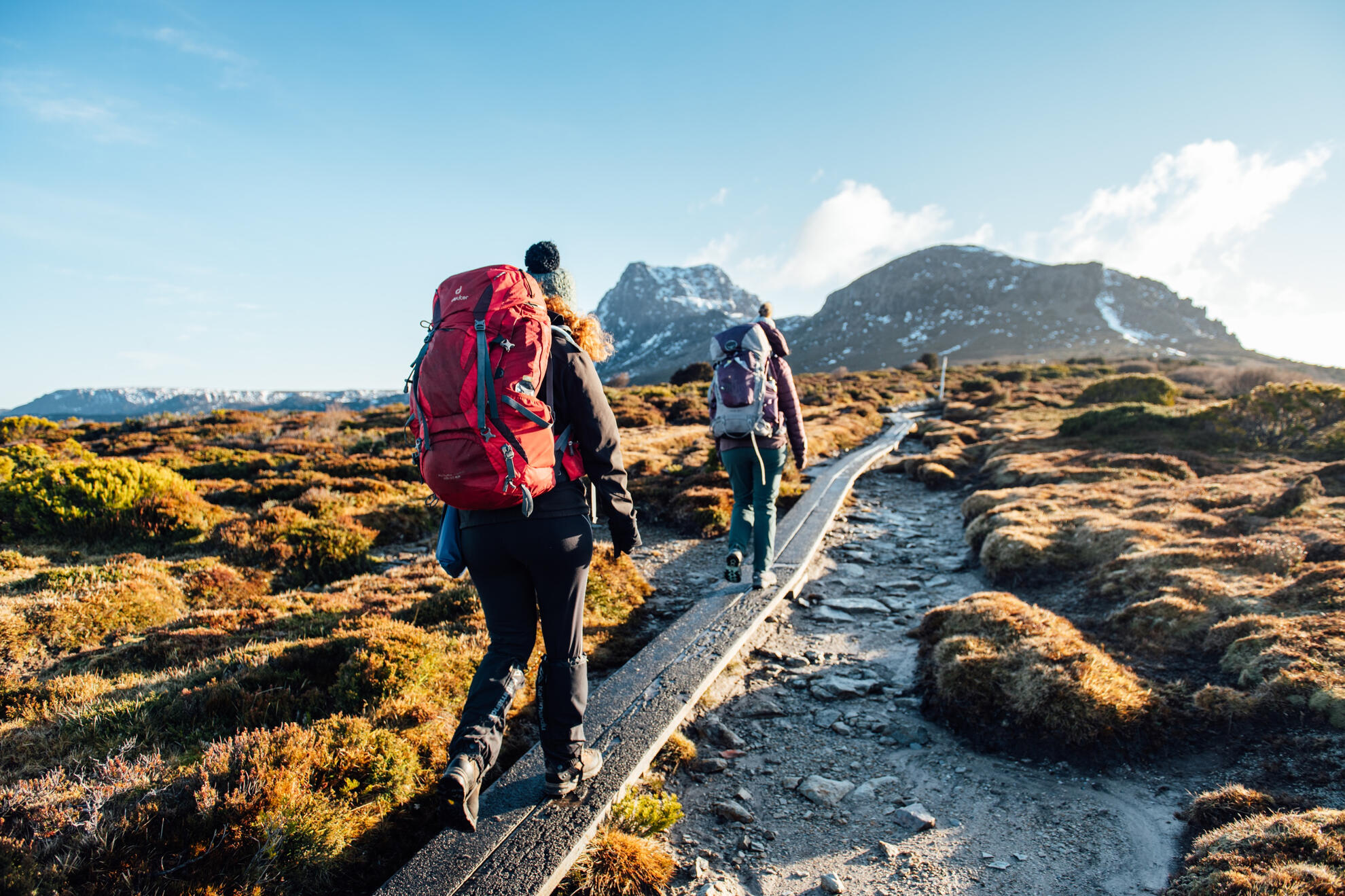 Hikers ascending the rocky terrain of the Overland track with sweeping views of the valley.